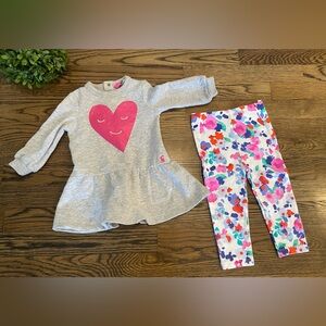 EUC Joules Gray Heart Peplum Tunic & Floral Leggings Sz 9-12mo
